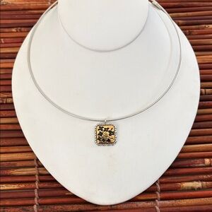 Lia Sophia Silver Collar Necklace with Gold and Black Floral Pendant NWT